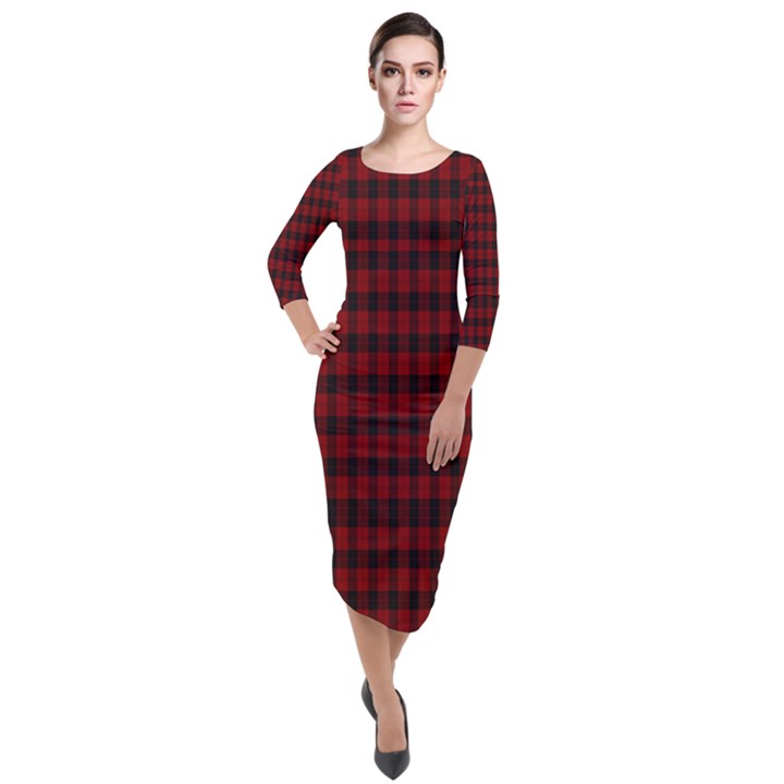 Tartan Red Quarter Sleeve Midi Velour Bodycon Dress