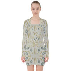 Floral Folk Damask Pattern Fantasy Flowers  V-neck Bodycon Long Sleeve Dress by Eskimos