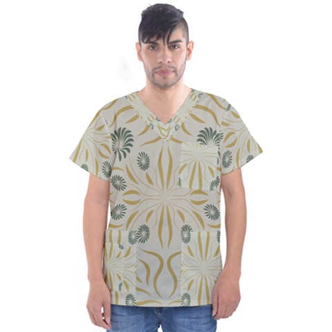 Floral Folk Damask Pattern Fantasy Flowers  Men s V-neck Scrub Top by Eskimos