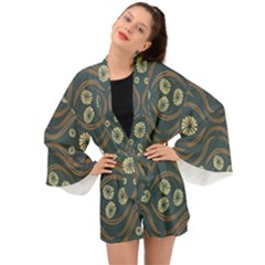 Folk Flowers Print Floral Pattern Ethnic Art Long Sleeve Kimono by Eskimos