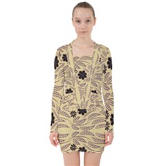 Folk Flowers Print Floral Pattern Ethnic Art V-neck Bodycon Long Sleeve Dress by Eskimos