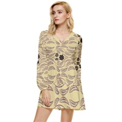 Folk Flowers Print Floral Pattern Ethnic Art Tiered Long Sleeve Mini Dress