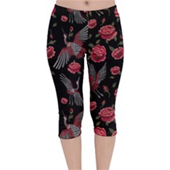 Cranes N Roses Velvet Capri Leggings  by HWDesign