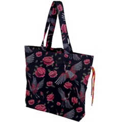 Cranes N Roses Drawstring Tote Bag by HWDesign