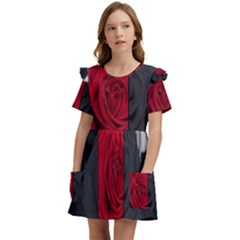 Roses Rouge Fleurs Kids  Frilly Sleeves Pocket Dress