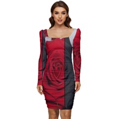 Roses Rouge Fleurs Women Long Sleeve Ruched Stretch Jersey Dress