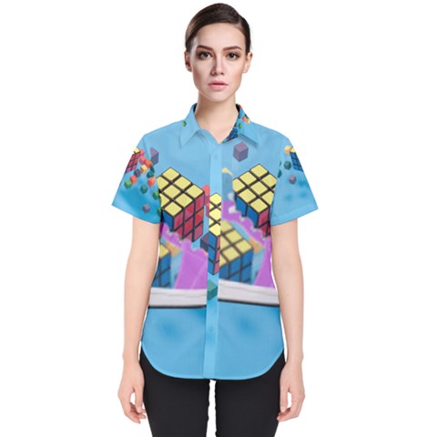 Floating-cubes-on-blue Backgrounderaser 20220422 203144521 Backgrounderaser 20220422 203216276 Women s Short Sleeve Shirt by marthatravis1968