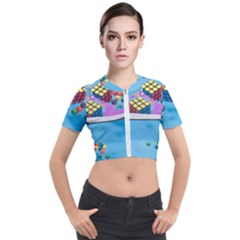 Floating-cubes-on-blue Backgrounderaser 20220422 203144521 Backgrounderaser 20220422 203216276 Short Sleeve Cropped Jacket by marthatravis1968