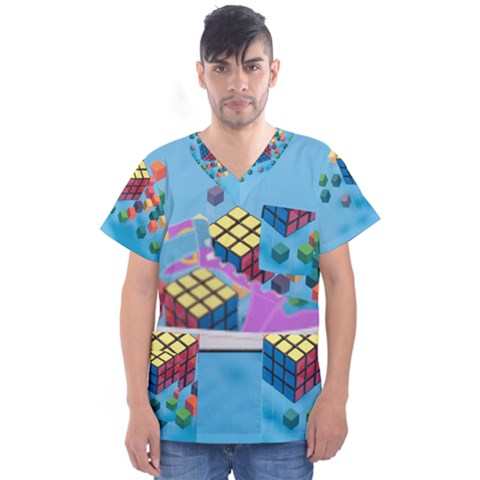 Floating-cubes-on-blue Backgrounderaser 20220422 203144521 Backgrounderaser 20220422 203216276 Men s V-neck Scrub Top by marthatravis1968