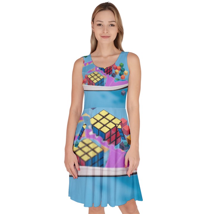 Floating-cubes-on-blue Backgrounderaser 20220422 203144521 Backgrounderaser 20220422 203216276 Knee Length Skater Dress With Pockets