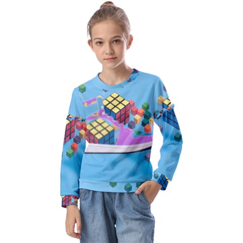 Floating-cubes-on-blue Backgrounderaser 20220422 203144521 Backgrounderaser 20220422 203216276 Kids  Long Sleeve Tee With Frill  by marthatravis1968