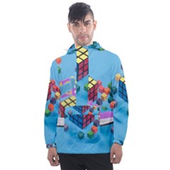 Floating-cubes-on-blue Backgrounderaser 20220422 203144521 Backgrounderaser 20220422 203216276 Men s Front Pocket Pullover Windbreaker by marthatravis1968