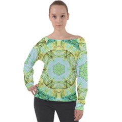 Green Marble Off Shoulder Long Sleeve Velour Top