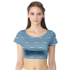 Cartoon Sketchy Helicopter Drawing Motif Pattern Short Sleeve Crop Top by dflcprintsclothing