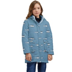 Cartoon Sketchy Helicopter Drawing Motif Pattern Kid s Hooded Longline Puffer Jacket by dflcprintsclothing