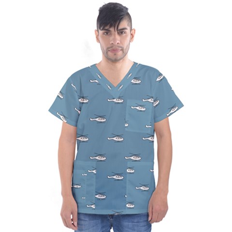 Cartoon Sketchy Helicopter Drawing Motif Pattern Men s V-neck Scrub Top by dflcprintsclothing