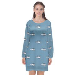 Cartoon Sketchy Helicopter Drawing Motif Pattern Long Sleeve Chiffon Shift Dress 