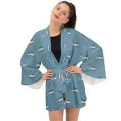 Cartoon Sketchy Helicopter Drawing Motif Pattern Long Sleeve Kimono by dflcprintsclothing