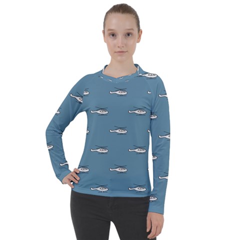 Cartoon Sketchy Helicopter Drawing Motif Pattern Women s Pique Long Sleeve Tee by dflcprintsclothing