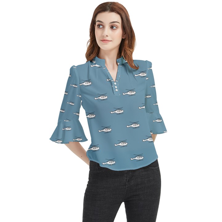 Cartoon Sketchy Helicopter Drawing Motif Pattern Loose Horn Sleeve Chiffon Blouse