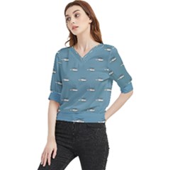 Cartoon Sketchy Helicopter Drawing Motif Pattern Quarter Sleeve Blouse