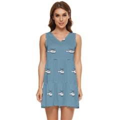 Cartoon Sketchy Helicopter Drawing Motif Pattern Tiered Sleeveless Mini Dress