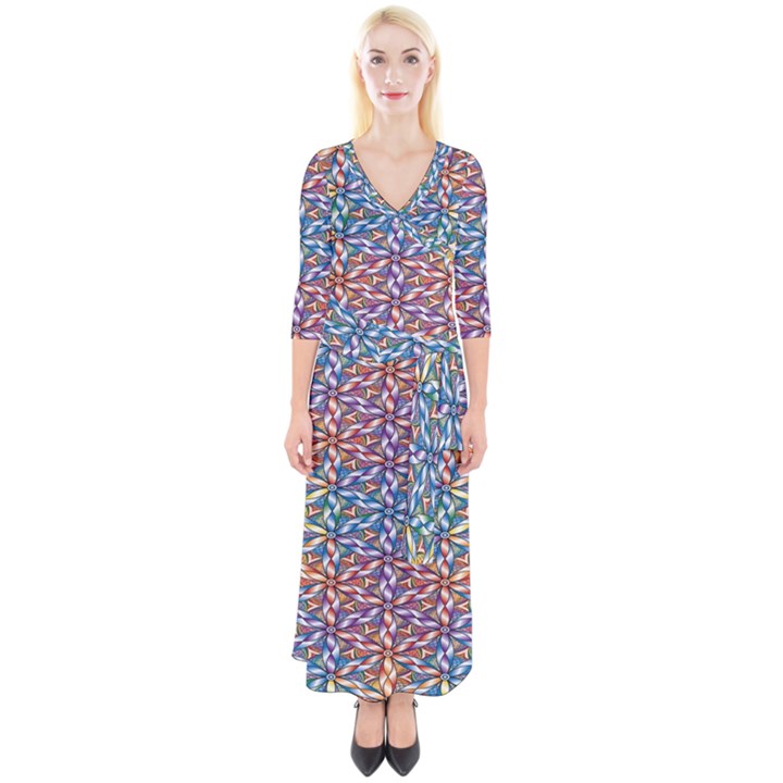 Colorful Flowers Quarter Sleeve Wrap Maxi Dress