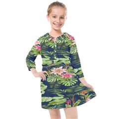 Flowers Pattern Kids  Quarter Sleeve Shirt Dress by Sparkle