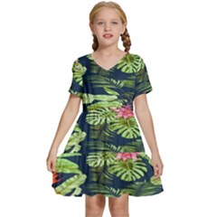 Flowers Pattern Kids  Short Sleeve Tiered Mini Dress