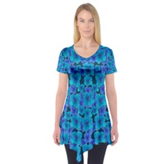 Blue In Bloom On Fauna A Joy For The Soul Decorative Short Sleeve Tunic  by pepitasart