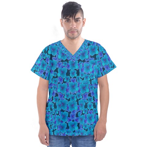 Blue In Bloom On Fauna A Joy For The Soul Decorative Men s V-neck Scrub Top by pepitasart