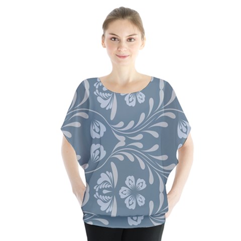 Folk Flowers Print Floral Pattern Ethnic Art Batwing Chiffon Blouse by Eskimos