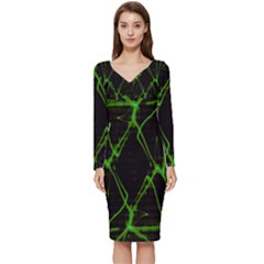 Officially Sexy Green & Black Laser Long Sleeve V-neck Bodycon Dress  by OfficiallySexy