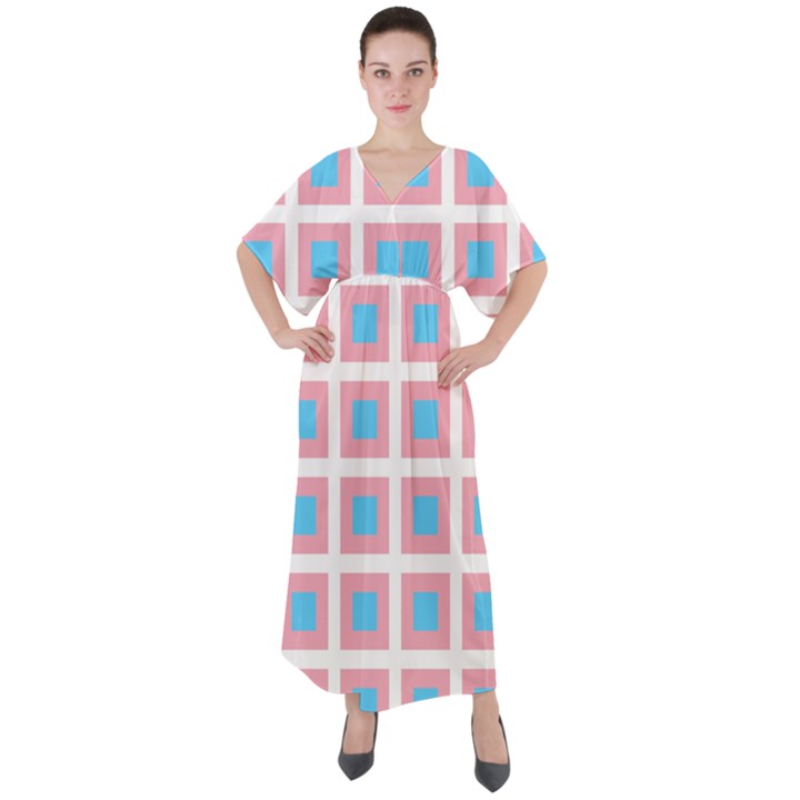 Trans Flag Squared Plaid V-Neck Boho Style Maxi Dress