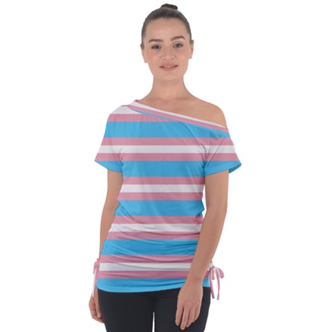 Trans Flag Stripes Off Shoulder Tie-up Tee by WetdryvacsLair