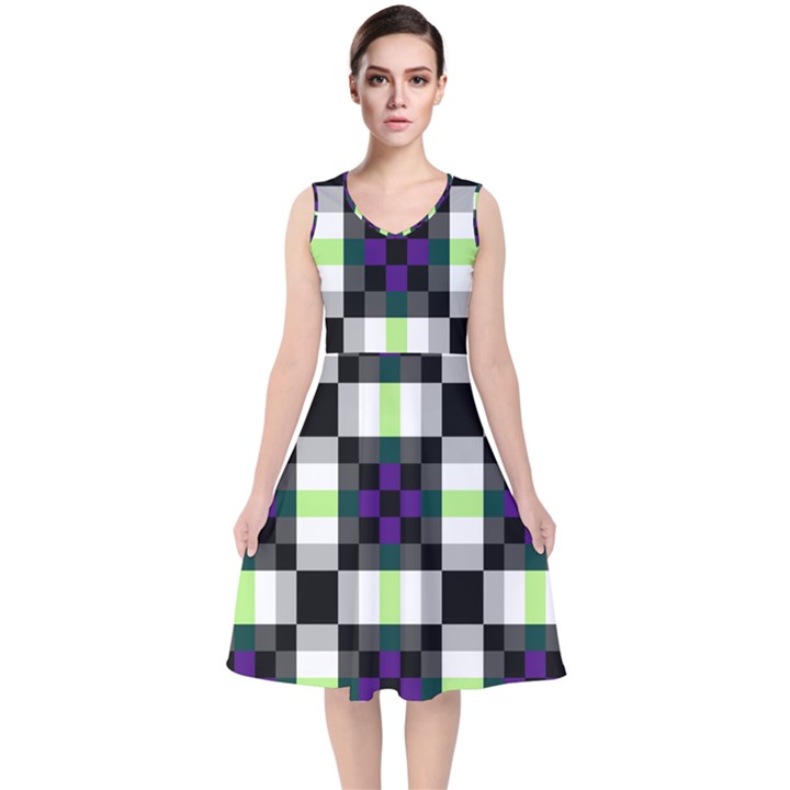 Agender Flag Plaid With Difference V-Neck Midi Sleeveless Dress 