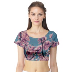 Colorful Floral Leaves Photo Short Sleeve Crop Top