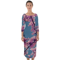 Colorful Floral Leaves Photo Quarter Sleeve Midi Bodycon Dress by dflcprintsclothing