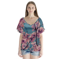 Colorful Floral Leaves Photo V-neck Flutter Sleeve Top by dflcprintsclothing