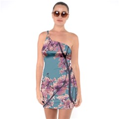 Colorful Floral Leaves Photo One Soulder Bodycon Dress