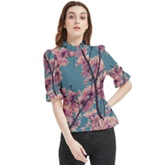 Colorful Floral Leaves Photo Frill Neck Blouse