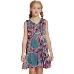 Colorful Floral Leaves Photo Kids  Sleeveless Tiered Mini Dress