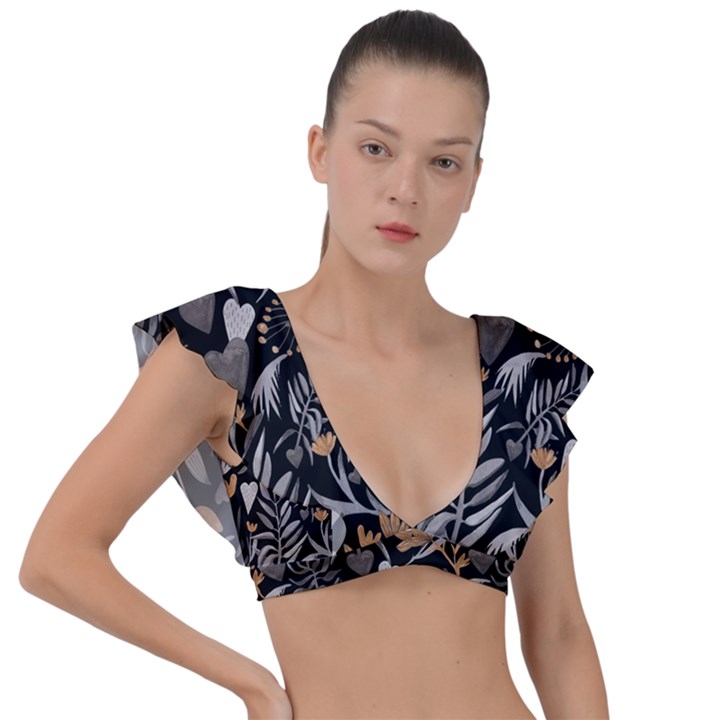   Plants And Hearts In Boho Style No. 2 Plunge Frill Sleeve Bikini Top