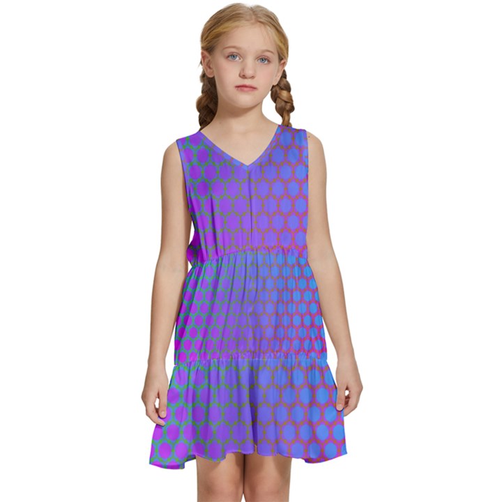 Hex Circle Points Vaporwave One Kids  Sleeveless Tiered Mini Dress