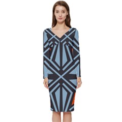 Abstract Geometric Design    Long Sleeve V-neck Bodycon Dress 