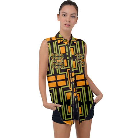 Abstract Geometric Design    Sleeveless Chiffon Button Shirt by Eskimos