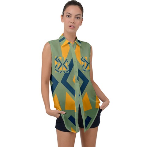 Abstract Geometric Design    Sleeveless Chiffon Button Shirt by Eskimos