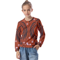 Folk Flowers Print Floral Pattern Ethnic Art Kids  Long Sleeve Tee With Frill 