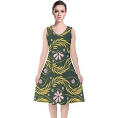 Folk Flowers Print Floral Pattern Ethnic Art V-neck Midi Sleeveless Dress  by Eskimos