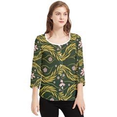 Folk Flowers Print Floral Pattern Ethnic Art Chiffon Quarter Sleeve Blouse by Eskimos